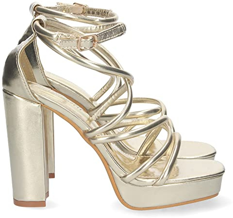 shoes&blues.es 70575 Sandalia de Tacon para Mujer, Comoda, con Tiras en el Empeine, y Cierre de Hebilla, Primavera Verano 2023 Oro Talla 40