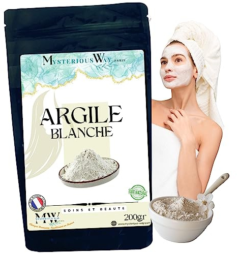 Argile 200gr poudre Naturel, Masques soins corps et visage - Gommage Nettoie adoucie - Détoxifie la peau masque, naturel (Blanche)