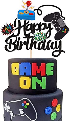 1 Stück Videospiel Geburtstag Tortendeko Glitter Gaming Happy Birthday Cake Topper Videospiel Thema Muffin Kuchen Deko Cake Dekoration für Jungen Kindergeburtstag Spiel Thema Party Dekoration Schwarz