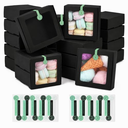Funrelaxer 24 Packungen Brown Kraft Paper Boxes mit durchsichtigen Fenstern für Schmuck Speicher Display (9.5 * 9.5 * 3.5cm, Schwarz)