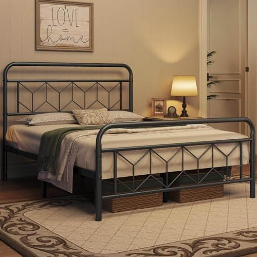 Yaheetech Metallbett 140 x 200 cm Vintage Bettrahmen mit Hohem Kopfteil, Bettgestell Moderner Minimalistischer Doppelbett mit Lattenrost & Stauraum unter dem Bett für Schlafzimmer Gästezimmer, Schwarz