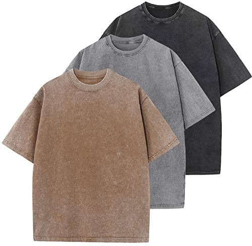 HOUZONIY 3PC T-Shirt Basic Oversized a Maniche Corte, Magliette Larghe Uomo, Washed Heavy T-Shirt Uomo, Casual, per Palestra(caffè/Grigio/Nero XL)