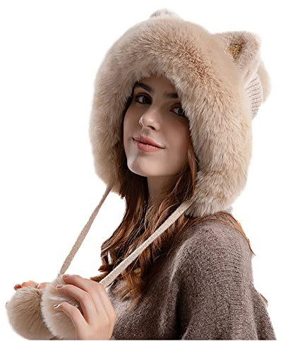 Plüsch-Hut mit Ohrenwärmer, Plüsch, Tierohren, Kunstfell, russischer Bomberhut, flauschig, warm, mit Ohrenwärmer, Bommel, Babblemütze, Winter, mit Fleece gefüttert, Jagd, Skifahren, Trapper, 01 Khaki,
