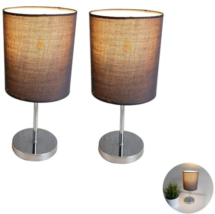 Lichthandel Hoch Nachttischlampen 2er Set – Grau Stoffschirm Tischlampe E14 Fassung mit 3W LED – Schlafzimmer Wohnzimmer Beistelltisch Fensterbank Bedside Lampe Wohnraumbeleuchtung