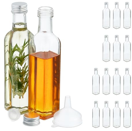 Relaxdays flaskor för fyllning, uppsättning om 16 tomma glasflaskor, för likör, olja, juice, snapsflaskor, 250 ml, transparent