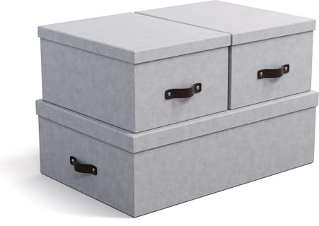 BIGSO INGE 3er-Set Aufbewahrungsboxen für das Schlaf-, Kinder-, Arbeits- oder Badezimmer – Ordnungsbox mit Deckel – Aufbewahrungskisten in Leinenoptik – hellgrau