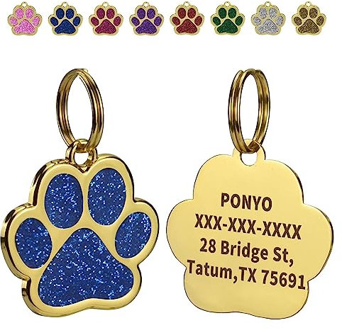 Olodeer 3 Stück Personalisierte Hundemarke und Katzenmarke, Benutzerdefinierte gravierte Haustier Informationen, Zink Legierung nette Gold Pfote geformte Hundehalsband Tag.(Blau)