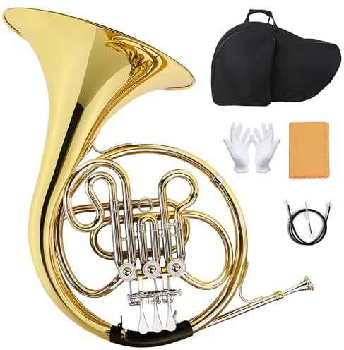 B Flat French Horn, 3-Key Brass Lacquered Gold horn, Suitable for Beginners One-Piece Design - Elegant, Rich Brass Tone (Gold)