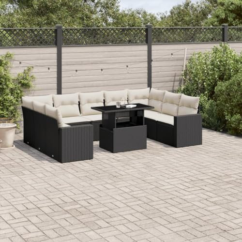 Rantry 10-TLG. Garten-Sofagarnitur mit Kissen Balkonmöbel Gartenmöbel Set Gartensofa Loungesofa Modular Terrassensofa Sitzgruppe mit Tisch Terrassenmöbel Schwarz und Cremeweiß Poly Rattan