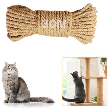 Niserelesa Cuerda de sisal natural de 98 pies para postes rascadores de gatos, cuerda de cáñamo de yute de 6 mm de grosor para reemplazo de árbol de gato, reparación de postes de arañazos de gatos,