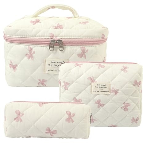 3 Stück Gesteppte Baumwolle Kosmetiktasche Set mit Rosa Schleifen Muster | Damen Kulturbeutel für Urlaub und Reisen, Gedruckte Schminktasche Lagert Pinsel, Hautpflege und Toilettenartikel
