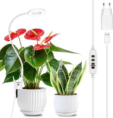 JolleYaa Indoor Pflanzenlampe, Clip-on LED Indoor pflanzenlicht, 10-Segment Dimmen und 3 Farben Pflanzenleuchten, 3/9/12 Stunden Auto ON/OFF Timer für Sukkulenten und Kleine Pflanzen, Weiß, 5V