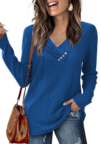 Famulily Ladies Casual Long Sleeve V Neck Tunic Tops Loose Pleated Button Jumpers Autumn Knitted Pullover for Women UK Blue XXL