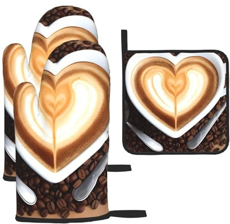 YYHHAOFA Set di 3 guanti da forno impermeabili e resistenti e presine, per caffè antiscottatura e isolamento termico, con stampa a forma di cuore