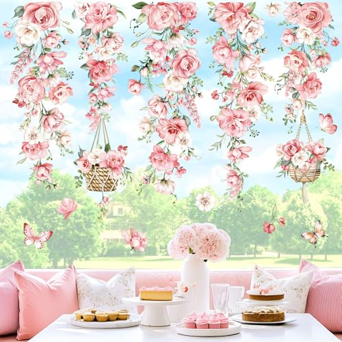 decalmile Fensterbilder Blumen Rosa Hängende Rebe Fensteraufkleber | Statische Anti-Kollision Fensterdeko, Beidseitiger Druck, auf Beiden Seiten klar Sichtbar, Wasserdicht, Abnehmbar