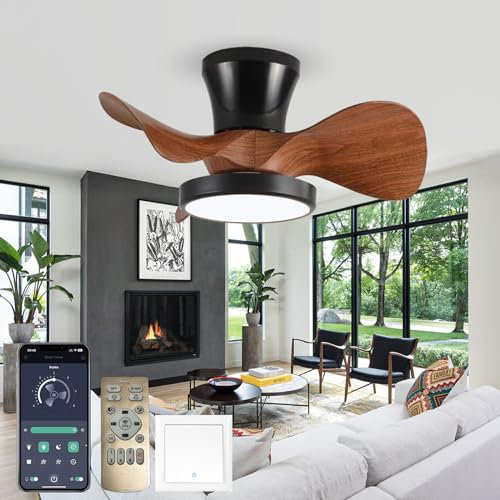 Piccolo ventilatore da soffitto moderno con timer reversibile, motore a 6 velocità, dimmerabile, luce silenziosa, telecomando, venature del legno nero, per camera da letto e soggiorno