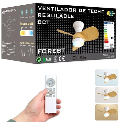 CLAR - Ventilador de Techo con Luz Pequeño, Ventilador Techo Silencioso para Habitación Pequeña con Mando y Motor Reversible, Ceiling Fan with Light