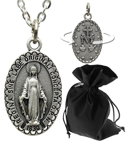 LUNEXUS Chaîne Vierge Marie argentée - Béni - Pendentif chrétien avec croix arrière - Collier Sainte Madone pour femmes hommes enfants - 60 cm en acier inoxydable - Médaille miraculeuse - Cadeau