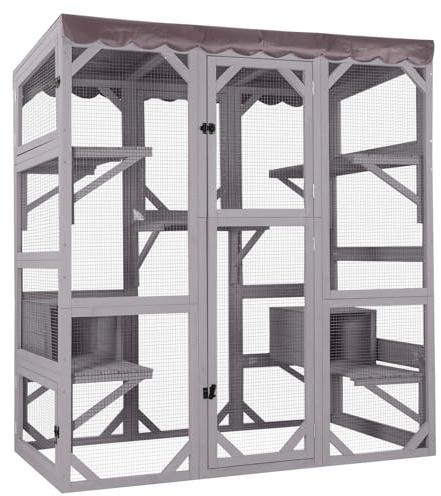 Holz-Katzenhaus für den Außen- und Innenbereich, großes Katzengehege auf Rädern, Catio-Käfig mit verstärktem Holzstreifen, wasserdichtem Dach (B Type-Medium, D Type)