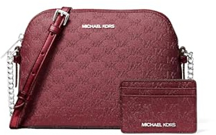 Michael Kors Jet Set Dome Crossbody With Card Case, Silver-Tone Hardware/MK Embossed Glitter/Oxblood