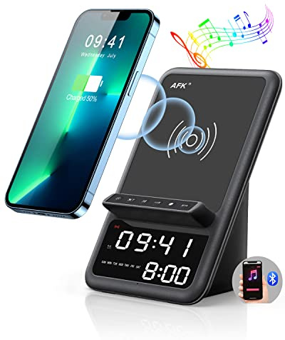 AFK Wireless Charging Station with Bluetooth Speaker and Alarm Clock,Wireless Charger Compatible with iPhone,Android Phones(Black)