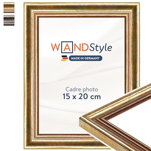 WANDStyle goldener Bilderrahmen 15x20 Holz, Bilderrahmen Gold Vintage | Hochwertiger Holzbilderrahmen Antik, Posterrahmen aufstellbar, Rahmen 20x15 cm, Fotorahmen H400 Made in Germany
