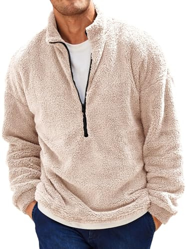 Runcati herr plyschtröja 1/4 dragkedja teddy-fleece sweatshirt luddig sherpa toppar lätt avslappnad baströja toppar höst vinter, Aprikos, M