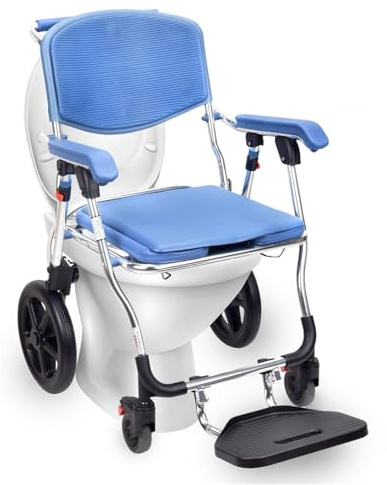 Dusch-WC-Stuhl mit Rollen, Zusammenklappbar, Toilettenstuhl mit Rollen 150kg, Fahrbar Klappbar Duschrollstuhl Toilettenrollstuhl Mit Armlehne Rückenlehne, Rollstuhl für Dusche
