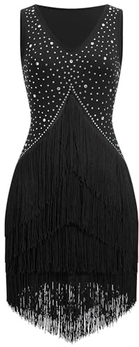 EFOGEP Womens Latin Dance Dress Flapper 1920s Gatsby Dresses | Sleeveless Rhinestones Fringe Cocktail Ballroom Tangos ChaCha Rumba Flapper Cami Dress