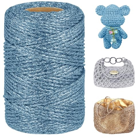 LEREATI Metallic Häkelgarn 3mm x 100m Makramee Garn zum Häkeln & Stricken Glitzergarn Polyester Garn für Handtaschen Hut Korb Häkeln, DIY Bastelarbeiten (Hellblau)