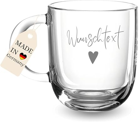 VILLA ROSA LOTTA Personalisierte Tasse mit Namen & Wunschtext - Große Glastasse mit Gravur als Geschenk Für Geburtstag, Weihnachten, Valentinstag