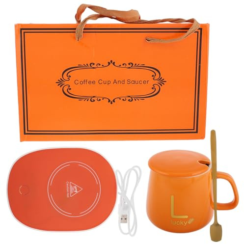 DEARMAMY Calentador Eléctrico de Tazas de Cerámica USB 5v con Tapa y Cuchara, Vaso Térmico Naranja de 1 Unidad para Bebidas Calientes en Oficina y Hogar, Calentador Portátil para Café