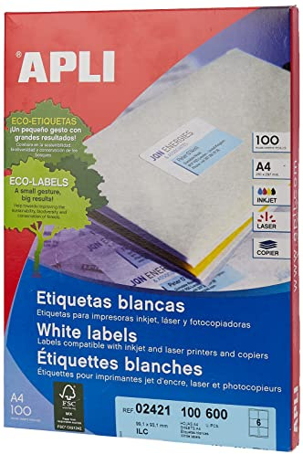 APLI 2421 -Etiquetas blancas permanentes adhesivas imprimibles, Inkjet-Laser-Copy, tamaño etiqueta 99,1 x 93,1 mm, cantos romos, pack de 100 hojas A4 (600 etiquetas), Ideal para sobres