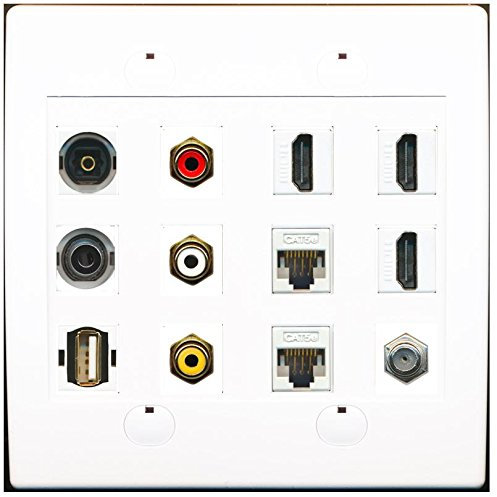 RiteAV 3 Puerto HDMI 2 Cat5e Ethernet RCA compuesto óptico 3,5 mm USB placa de pared