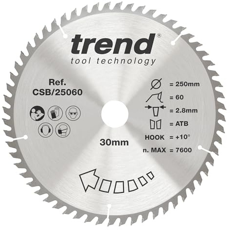 Trend CraftPro Trimning Crosscut TCT-sågblad för bordssågar och cirkelsågar, 250 mm diameter x 60 tänder x 30 borrning, hårdmetallspetsad, CSB/25060