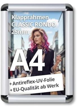 net-xpress® A4 Klapprahmen DIN A4 Plakatrahmen 25 mm silber | mit Antireflex-UV-Folie | Posterrrahmen aus Alu mit abgerundeten Ecken | inkl. Schrauben & Dübel | Wechselrahmen A4 Hoch- & Querformat