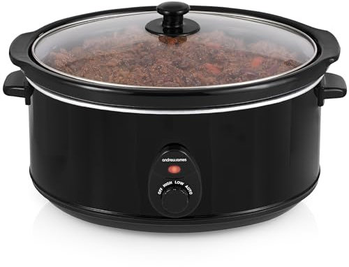 Andrew James 6.5L Slow Cooker with Removeable Easy Clean Ceramic Bowl, 3 Temperature Settings, Energy Efficient Large Slow Cooker with Tempered Glass Lid, Cool Touch Handles & Non-Slip Feet (Black)