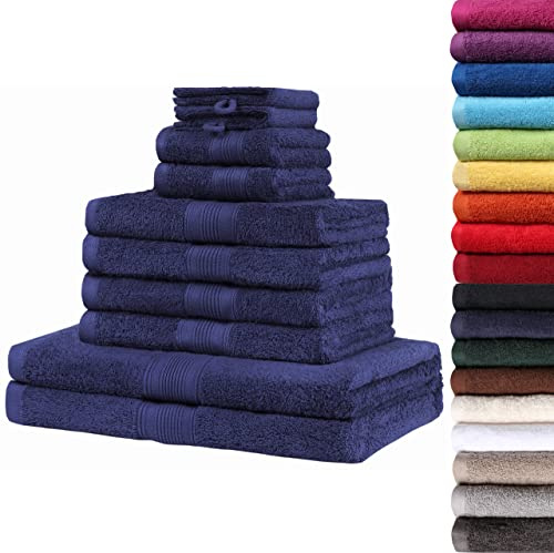 NatureMark 10 TLG. Frottier Handtuch-Set Verschiedene Größen 4X Handtücher, 2X Duschtücher, 2X Gästetücher, 2X Waschhandschuhe - Premium Qualität (10 TLG. Frottier Set, Navy blau)