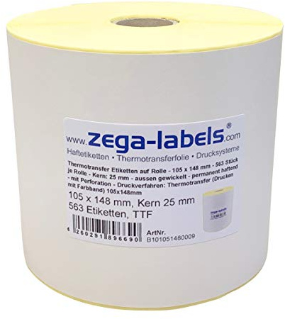 Thermotransfer Etiketten auf Rolle - 105 x 148 mm - 563 Stück je Rolle - Kern: 25 mm - aussen gewickelt - permanent haftend - mit Perforation - Druckverfahren: Thermotransfer (Drucken mit Farbband)