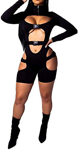 Yeshire Damen Bodycon Taschen-Schnalle hoher Ausschnitt Lange Ärmel Sexy Aushöhlung Strampelanzug Jumpsuits Clubwear - Schwarz - Klein