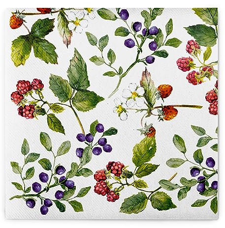 Sovie HORECA Airlaid Serviette ELSE 40 x 40 cm, 50 Stück, 1/4 Falz, Einwegserviette mit Waldbeeren Design – Heidelbeeren, Himbeeren, Blaubeeren – Gastronomiequalität, weich & saugfähig