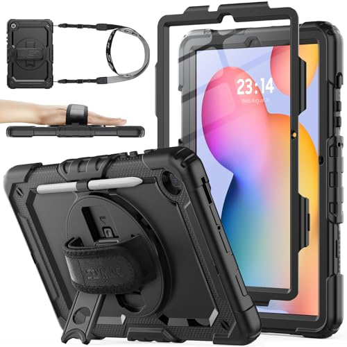 SEYMAC stock Funda para Samsung Galaxy Tab S6 Lite 10,4'' | Funda Resistente con Protector de Pantalla [Soporte/Correa de Mano Giratorio de 360°] Portalápices y Bandolera, Negro