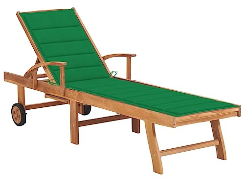 vidaXL Teak Massiv Sonnenliege mit Auflage Grün Verstellbare Rückenlehne Gartenliege Gartenmöbel Holzliege Liegestuhl Liege Relaxliege Strandliege