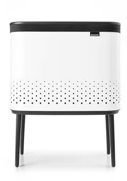 Brabantia - Bo Laundry Bin 60L - Stylish Dirty Clothes Hamper - Lid with Quick-Drop Opening - Removable Cotton Bag - Portable & Hygienic - Bedroom & Bathroom Accessory - White