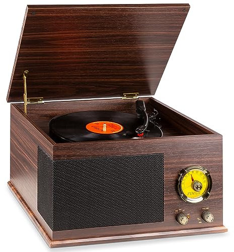 Fenton RP173 Platine Vinyle Design Retro Vintage - Bois Foncé, Récepteur Bluetooth, Haut-Parleur Stéréo Intégré, Conversion des Vinyles en Fichier MP3, pour 33, 45 et 78 Tours, Sortie RCA, Radio FM