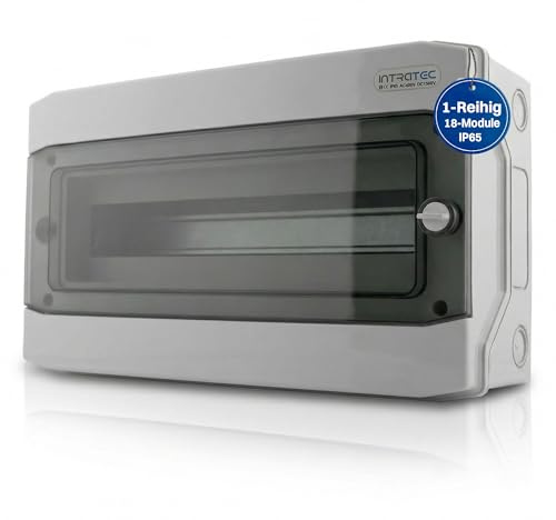 Intratec Caja de Distribución Superficie 1 Fila IP65 – Cuadro Eléctrico para 18 Módulos DIN – Caja de Subdistribución Estanca para Exterior Garaje Sótano Jardín – 400VAC 1500VDC, 260 x 428 x 142 mm