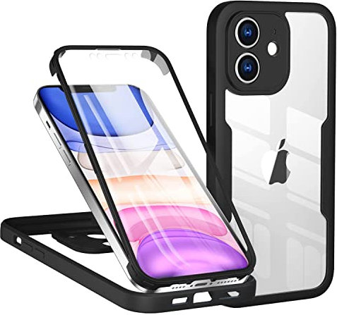 TVVTPU Coque pour iPhone 12, Antichoc Housse avec Protecteur D'écran et Protection Caméra, 360 Degré Full Body Protection Portable Transparent Robuste Bumper Intégrale Case pour iPhone 12 6,1 - Noir