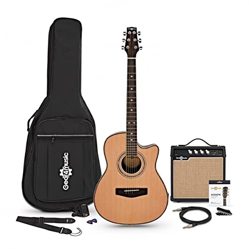 Gear4Music ElektroAkustikgitarre mit rundem Boden Full Size mit Verstärker für Erwachsene in Natur mit 6 Saiten aus Phosphorbronze und ABS-Boden