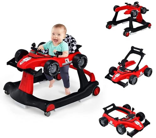 COSTWAY Girello per Bambini 4 in 1, Girello Pieghevole con Altezza e Velocità Regolabili, Carillon con Luci, Volante, Primi Passi per Bambini 6-18 Mesi, Portata 12 kg (Rosso)