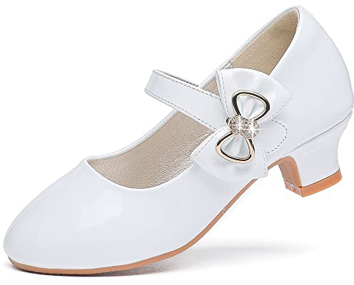 Dufannie White Flower Girl Shoes for Wedding Holy First Communion Dress Shoes for Girls High Heels Size 2 Church Party Easter Big Kids Dressy Pumps Princess Flats Kids Heels(3303White 2)